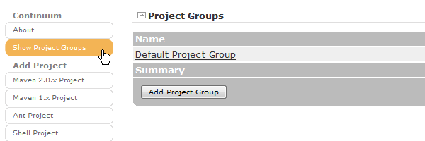 Continuum プロジェクトグループ一覧画面
